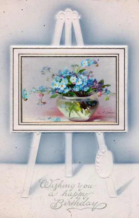 Framed Print : Flowers in a vase on an easel on a birthday postcard Framed Print : Flowers in a vase on an easel on a birthday postcard