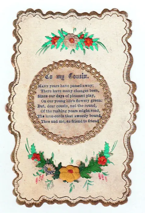 Framed Print : Flowers and verse on a greetings card to a cousin Framed Print : Flowers and verse on a greetings card to a cousin