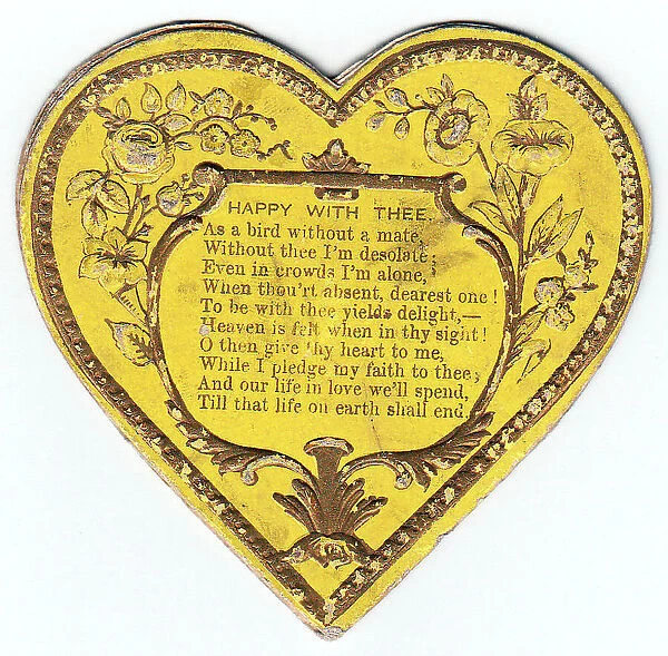 Flowers and verse on a yellow heart-shaped Valentine card
