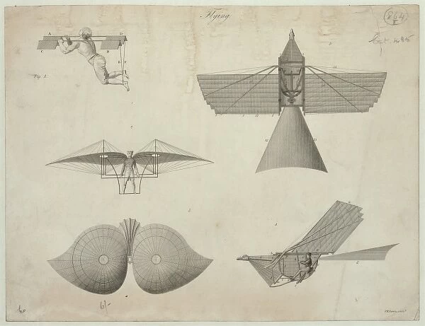 Flying. Technical illustration shows Besniers 1678 design for a flying machine using arm