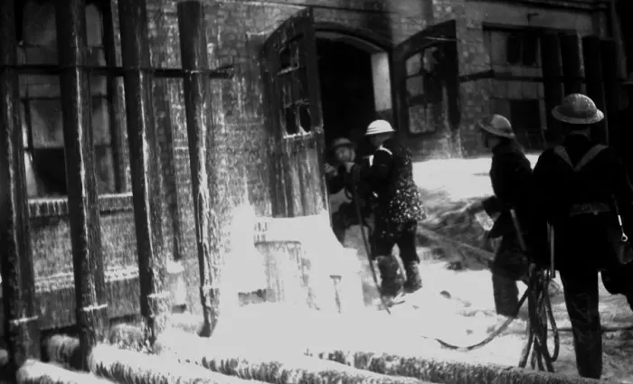 Framed Print : Foam applied at oil tank fire, Thames Haven, WW2 Framed Print : Foam applied at oil tank fire, Thames Haven, WW2