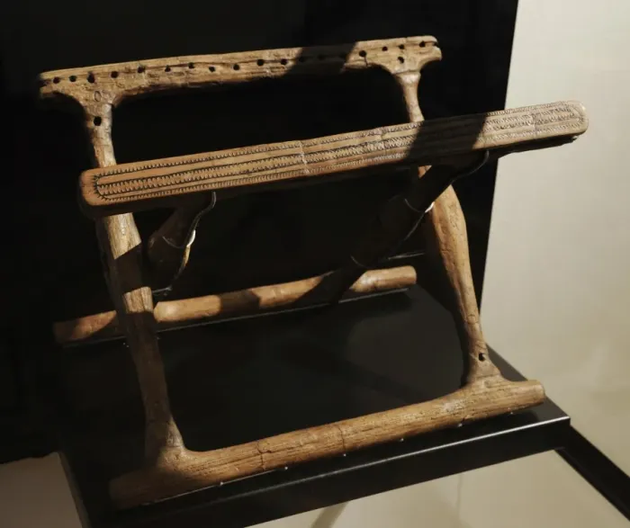 Framed Print : Folding chair in ash wood. Second half of 1400 BC. Bronze Ag Framed Print : Folding chair in ash wood. Second half of 1400 BC. Bronze Ag