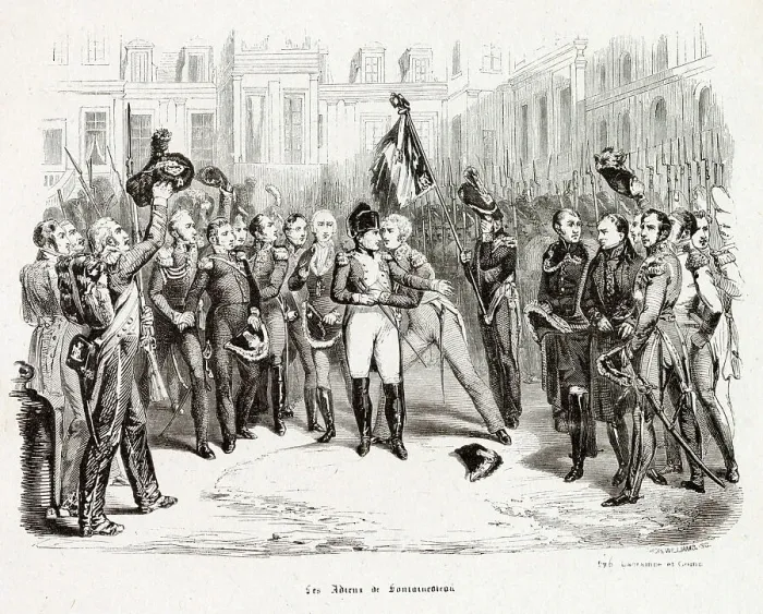 Framed Print : At Fontainebleau, The Grand Army bids farewell to Napoleon (the little corporal') who brought it glory. Date: 20th April 1814 Framed Print : At Fontainebleau, The Grand Army bids farewell to Napoleon (the little corporal') who brought it glory. Date: 20th April 1814
