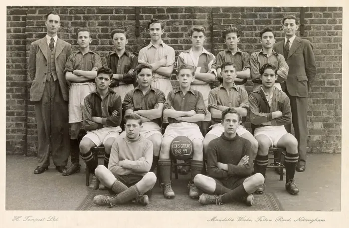 Framed Print : Football Team, Cook's Ground, 1948-1949 - the tall man (top left) is identified as Reg Pearce Date: 1948-1949 Framed Print : Football Team, Cook's Ground, 1948-1949 - the tall man (top left) is identified as Reg Pearce Date: 1948-1949