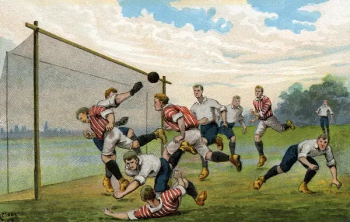 Framed Print : Footballers. A goalmouth mell Framed Print : Footballers. A goalmouth mell