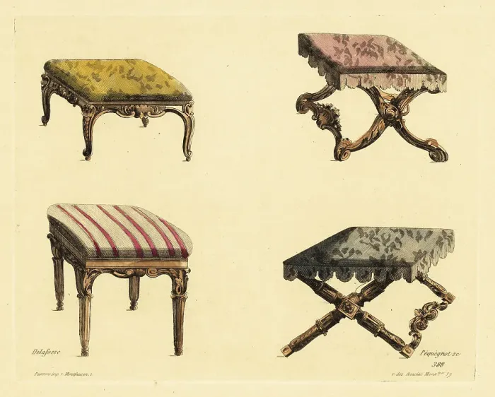 Framed Print : Footstools and stools in carved wood and rich fabric in the Loui Framed Print : Footstools and stools in carved wood and rich fabric in the Loui
