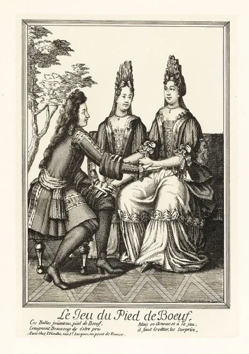 Framed Print : Fop and beauty playing a kissing game, 17th century Framed Print : Fop and beauty playing a kissing game, 17th century