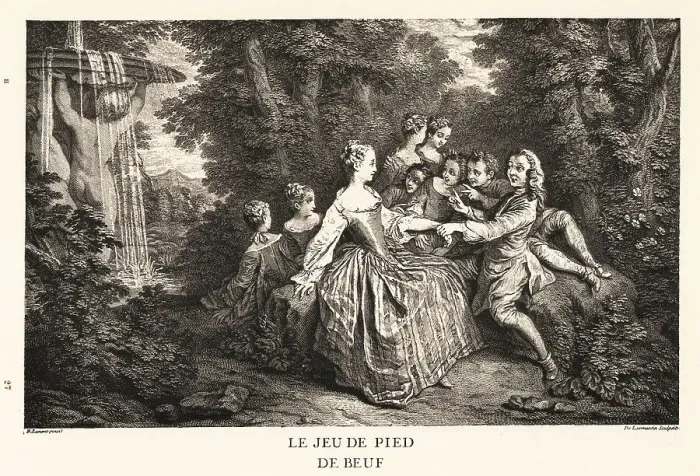 Framed Print : A fop grabs a lady's hand in a kissing game, 18th century Framed Print : A fop grabs a lady's hand in a kissing game, 18th century