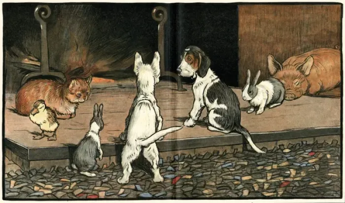 Framed Print : Forager the puppy joins the other animals by the fire Framed Print : Forager the puppy joins the other animals by the fire