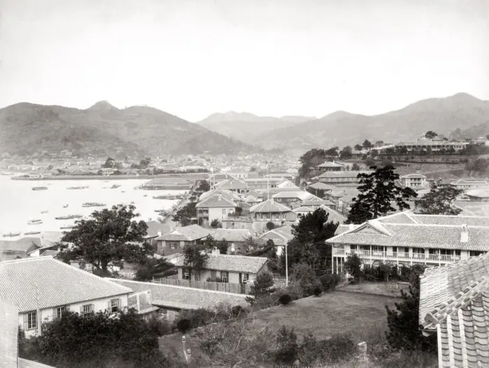 Framed Print : Foreign settlement and Nagasaki harbour, Japan, c. 1880 s Framed Print : Foreign settlement and Nagasaki harbour, Japan, c. 1880 s