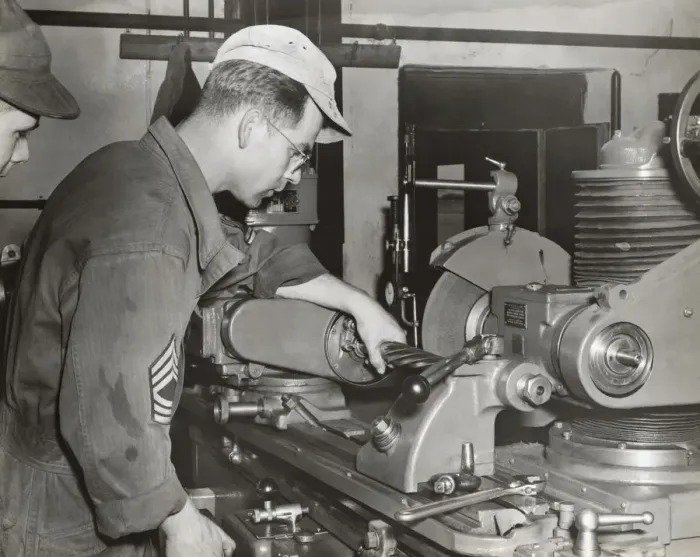 Framed Print : A Foreman and an Airman Check a Grinding Machine at the ? Framed Print : A Foreman and an Airman Check a Grinding Machine at the ?