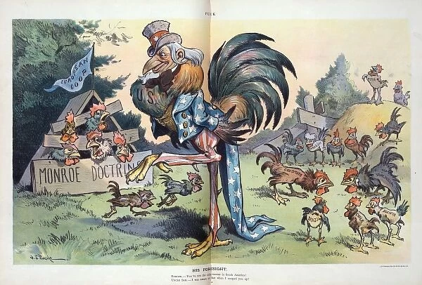 His foresight. Illustration shows Uncle Sam as a large rooster standing