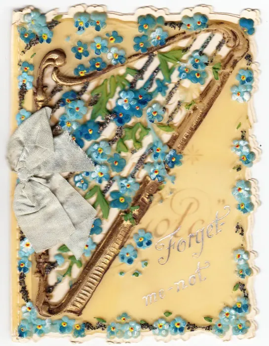 Framed Print : Forgetmenots and harp on a greetings card Framed Print : Forgetmenots and harp on a greetings card