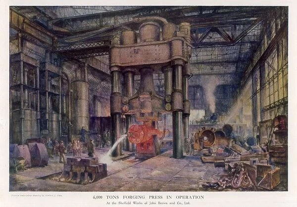 Forging Press. The steelworks of John Brown & Co, Sheffield, Yorkshire 