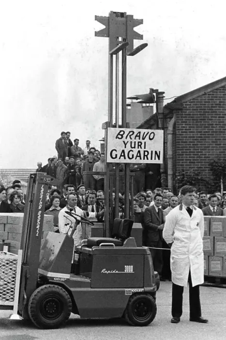 Framed Print : Fork-lift truck Gagarin salute Framed Print : Fork-lift truck Gagarin salute