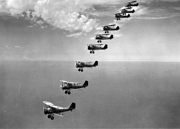 A formation of US Navy Vought Corsair biplanes