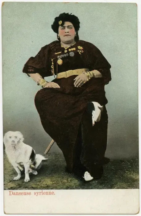 Framed Print : Formidable Syrian Dancer with pet white dog Framed Print : Formidable Syrian Dancer with pet white dog