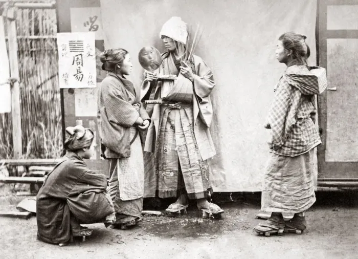Framed Print : Fortune tellers, Japan, circa 1870s. Date: circa 1870s Framed Print : Fortune tellers, Japan, circa 1870s. Date: circa 1870s