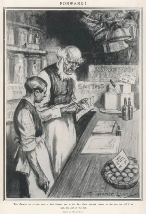 Framed Print : Forward. A grocer advises the new hand to add the date to the bill in these Framed Print : Forward. A grocer advises the new hand to add the date to the bill in these