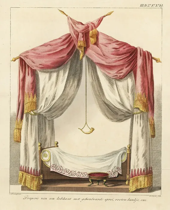 Framed Print : Four-poster bed with embroidered bedspread, fringed canopy and d Framed Print : Four-poster bed with embroidered bedspread, fringed canopy and d