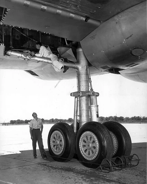The four-wheel main landing gear of a Convair B-36