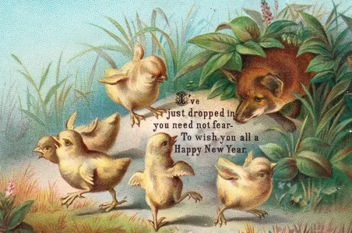 Framed Print : Fox and five chicks on a New Year card Framed Print : Fox and five chicks on a New Year card