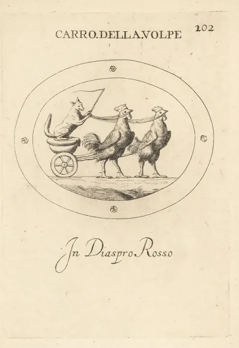 Framed Print : A fox driving a chariot drawn by two roosters Framed Print : A fox driving a chariot drawn by two roosters