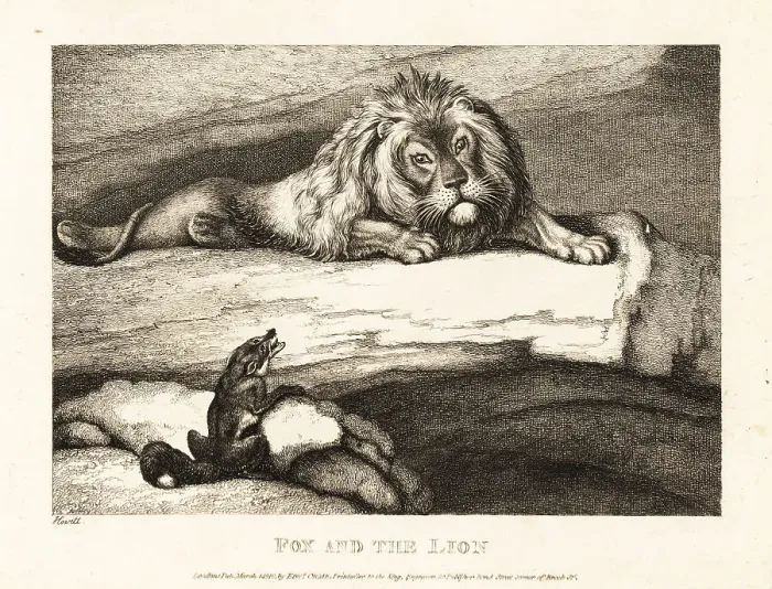 Framed Print : A fox foolishly approaching a male lion in his den Framed Print : A fox foolishly approaching a male lion in his den