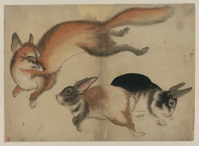 Framed Print : Fox and two hares Framed Print : Fox and two hares