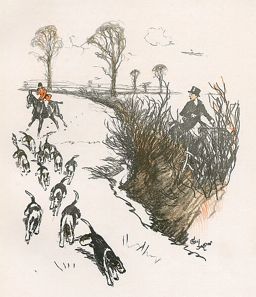 Foxhunters and hounds in pursuit of the fox