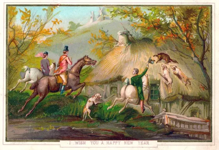Framed Print : Foxhunting scene on a New Year card Framed Print : Foxhunting scene on a New Year card