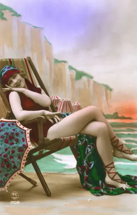 Framed Print : France - Jolly girl in a bathing costume on a deckchair Framed Print : France - Jolly girl in a bathing costume on a deckchair