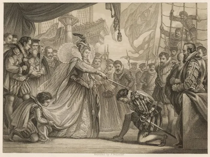 Framed Print : Francis Drake knighted in Deptford by Queen Elizabeth I Framed Print : Francis Drake knighted in Deptford by Queen Elizabeth I