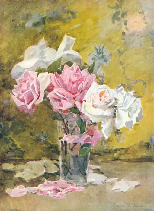 Framed Print : Roses. Still life of roses in a glass vase. Artist: Francis E James. Date: circa 1910 Framed Print : Roses. Still life of roses in a glass vase. Artist: Francis E James. Date: circa 1910