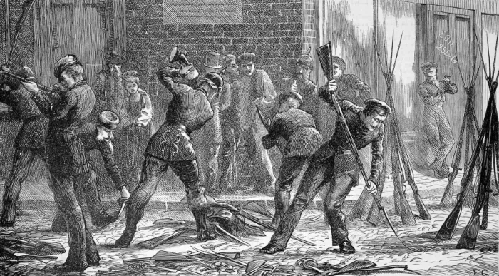 Framed Print : Franco-Prussian War. Prussian soldiers destroying arms at Re Framed Print : Franco-Prussian War. Prussian soldiers destroying arms at Re