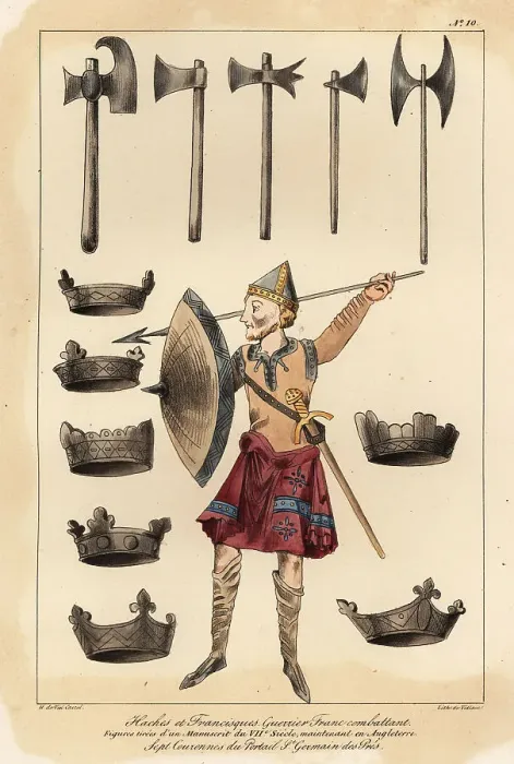 Framed Print : Frankish warrior, axes, franciscas, and crowns Framed Print : Frankish warrior, axes, franciscas, and crowns