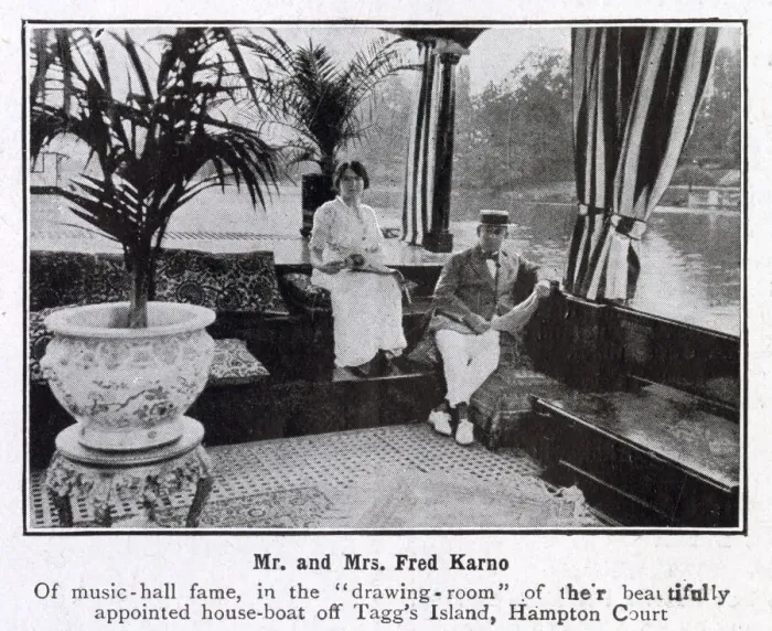 Framed Print : Fred Karno, music hall star, pictured in the well-appointed living room of his house-boat Framed Print : Fred Karno, music hall star, pictured in the well-appointed living room of his house-boat