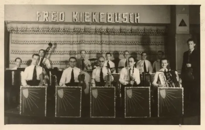 Framed Print : Fred Kiekebuschs band, on a bandstand Framed Print : Fred Kiekebuschs band, on a bandstand