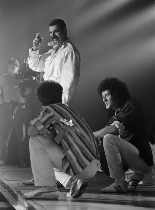 Framed Print : Freddie Mercury and Queen recording music video, London Framed Print : Freddie Mercury and Queen recording music video, London