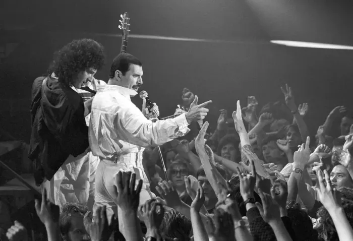 Framed Print : Freddie Mercury and Queen recording music video, London Framed Print : Freddie Mercury and Queen recording music video, London