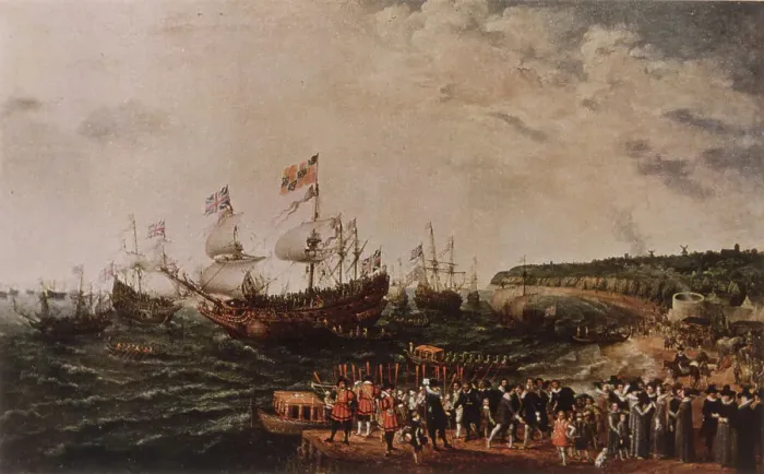 Framed Print : Frederick, the Elector Palatine of the Rhine departs from Margate with his bride, Princess Elizabeth. Date: 1613 Framed Print : Frederick, the Elector Palatine of the Rhine departs from Margate with his bride, Princess Elizabeth. Date: 1613