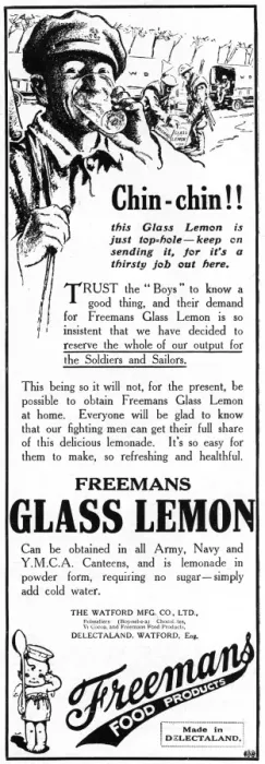 Framed Print : Freemans Glass Lemon drink advertisement, WW1 Framed Print : Freemans Glass Lemon drink advertisement, WW1