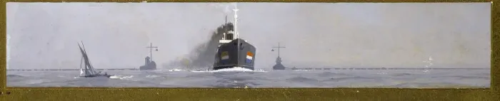 Framed Print : Freighters passing through an anti-submarine boom, WW1 Framed Print : Freighters passing through an anti-submarine boom, WW1