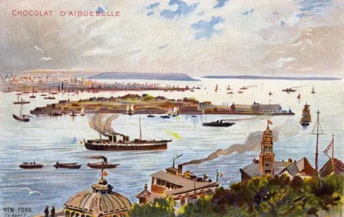 Framed Print : French Artist impression of New York over Hudson River Framed Print : French Artist impression of New York over Hudson River