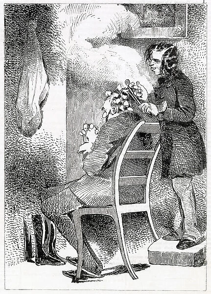 A French barber puts his male client's hair into curling papers Date: 1840