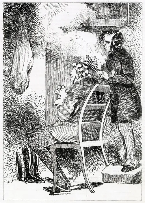Framed Print : A French barber puts his male client's hair into curling papers Date: 1840 Framed Print : A French barber puts his male client's hair into curling papers Date: 1840