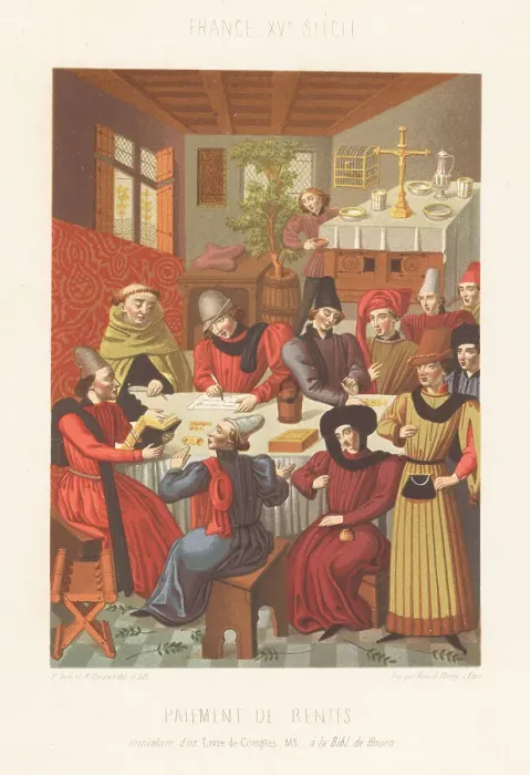 Framed Print : French bourgeois paying income taxes, 15th century Framed Print : French bourgeois paying income taxes, 15th century