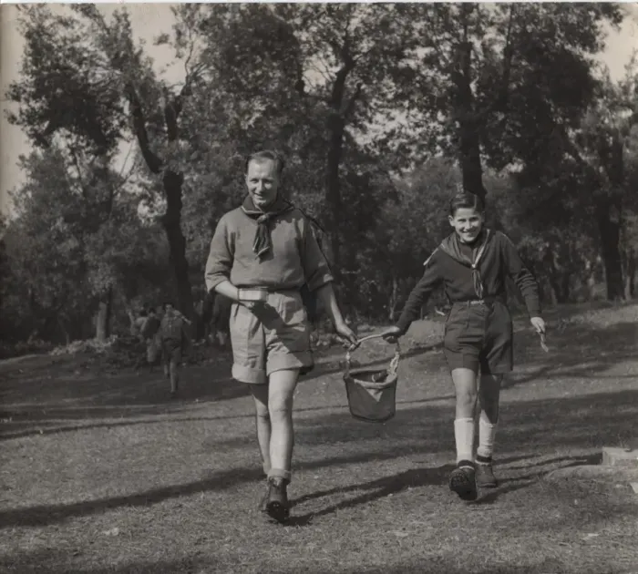 Framed Print : French boy scout and leader carrying bucket Framed Print : French boy scout and leader carrying bucket