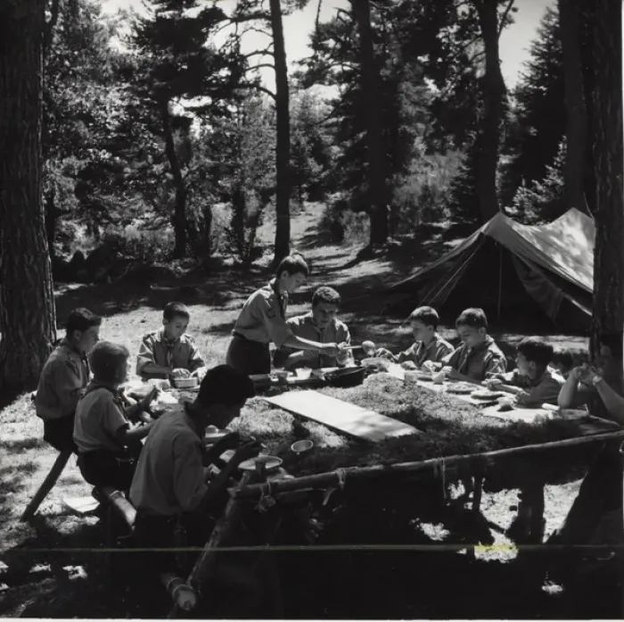 Framed Print : French boy scouts enjoying meal at camp Framed Print : French boy scouts enjoying meal at camp