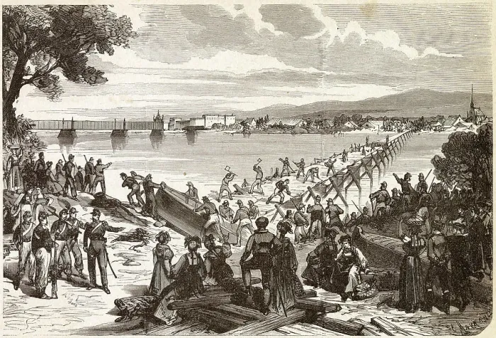 Framed Print : The French build a bridge of boats across the Rhine, one of their few aggressive moves in what is predominantly a defensive war Date: August 1870 Framed Print : The French build a bridge of boats across the Rhine, one of their few aggressive moves in what is predominantly a defensive war Date: August 1870